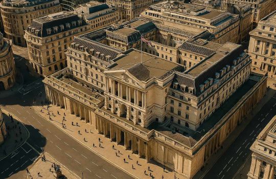 Aerial view of the Bank of England and surrounding City of London architecture, showing historic buildings, streets, and urban activity from above.