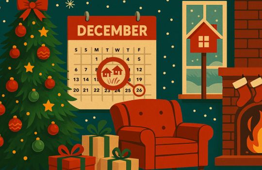 Illustration of a cosy living room at Christmas, with a roaring fire, Christmas tree, presents and a calendar with the date 26th December highlighted