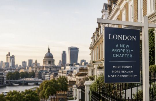 Estate agent-style property board displaying the text “London: A New Property Chapter” outside a row of elegant London townhouses, with the River Thames, St Paul’s Cathedral, The Shard and the City of London skyline visible in the background at sunset.