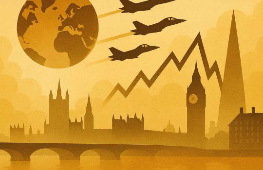 A minimalist, surreal illustration of London’s skyline featuring subtle geometric forms inspired by global conflict and market movements. A stylised globe and abstract arrows symbolise geopolitical tension, while simplified silhouettes of Big Ben, the Shard and Westminster merge into a warm, atmospheric gradient.
