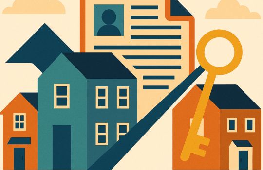 Abstract illustration featuring stylised houses, a large key, and a document icon with simple geometric shapes and bold colours, symbolising changes in rental laws and tenancy rules.