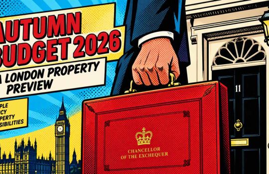 Pop art-style illustration for an Autumn Budget 2026 property article, featuring the Chancellor's iconic red Budget box in the foreground, the entrance to 11 Downing Street, and the London skyline including the Houses of Parliament and Big Ben. Bold comic-book colours and graphic design elements convey themes of politics, housing policy and the London property market