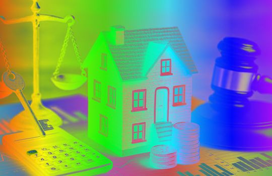 Ai Image of a House with a calculator, money, a gavel and scales