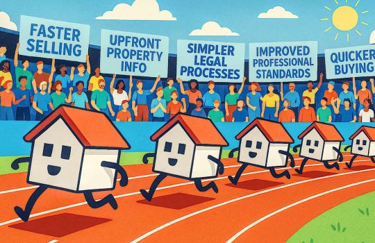 Illustration featuring houses running fast around an athletics track with the crowd holding placards saying "Faster Selling", Quicker Buying", Improved Professional Standards"