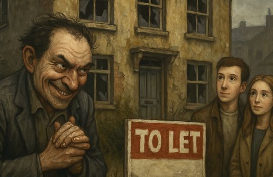 Illustration depicting a rogue landlord rubbing his hands together as a young couple view a delapidated house with a 'To Let' sign outside