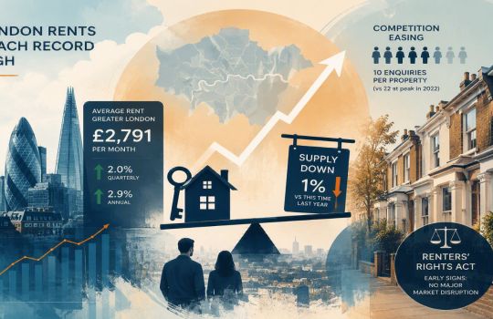 Abstract London property market graphic illustrating record rental prices, constrained housing supply and changing tenant demand across the capital.