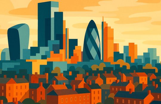 Abstract, modern-styled image featuring the London Skyline, incorporating iconic landmarks