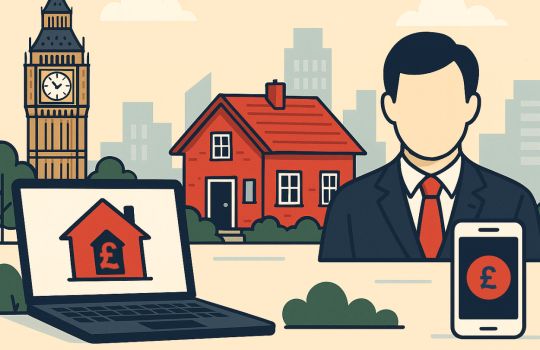 UK property valuation illustration with a house, Big Ben, estate agent, and digital tools for online home value estimates