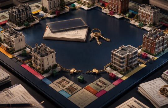 Luxury property-themed board game illustration showing London homes, title deeds, keys and a broken transaction chain representing the risks of a property chain.