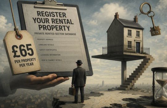 Surreal artwork showing a landlord facing a giant rental property registration form marked with a £65 annual fee, alongside a house on a raised platform, floating keys and an hourglass representing new compliance requirements for England's private rented sector.
