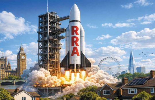A white rocket branded “RRA” commences lift-off on a launchpad against a sunny London skyline, with Big Ben, the London Eye and housing symbolising the launch of the Renters’ Rights Act