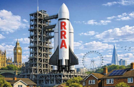 A white rocket branded “RRA” stands poised on a launchpad against a sunny London skyline, with Big Ben, the London Eye and housing symbolising the coming Renters’ Rights Act launch.