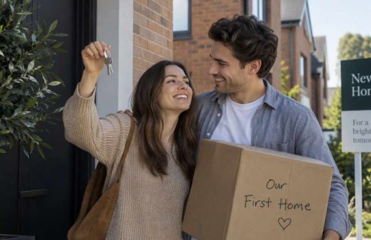 Two first-time buyers holding keys and a moving box outside a newly built home
