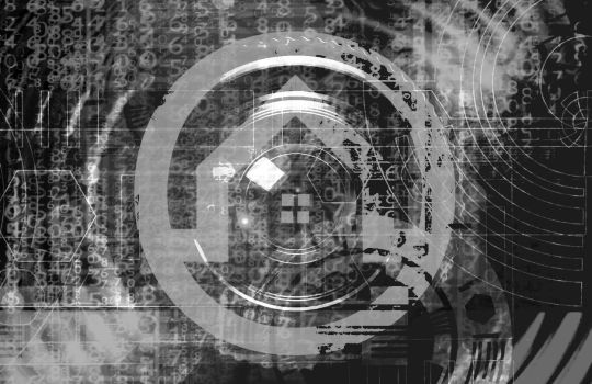 Modern distressed-style illustration showing an outline drawing of a house with electronics effect